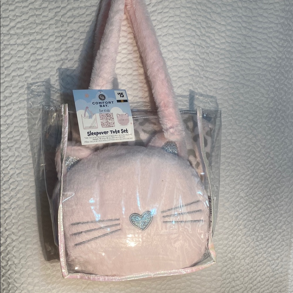 Comfort Bay Plush Kitty Travel Tote with Silver Heart Pink & Gray